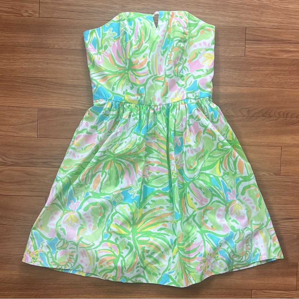 Lilly Pulitzer Richelle Strapless Tie Back Dress Elephant Ear in Green and Pink